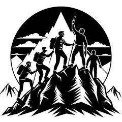 silhouette of a climbing team reaching a summit, showcasing 