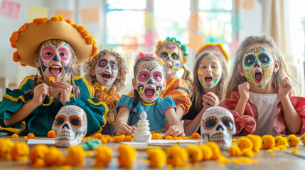 Colorful Dia de los Muertos Celebration with Children in Costumes and Face Paint