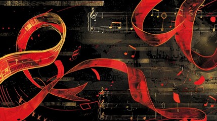 Dynamic AIDS Benefit Concert Poster Design with Red Ribbons and Musical Notes for Event Promotion