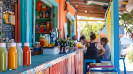 Fototapeta premium Outdoor Café with Colorful Fresh Juices and Patrons Enjoying Sunshine