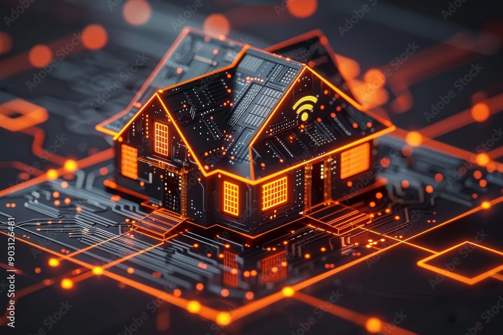 Aufkleber high tech house model with glowing circuits illustrating the integration of advanced technology in m