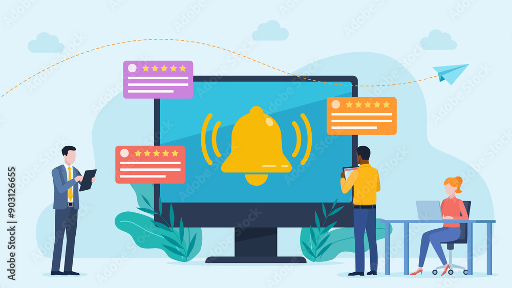 Poster flat design illustration. monitor screen with notification bell icon. business cards and customer re