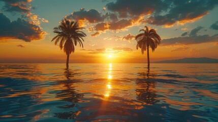 Dramatic coastal sunset with silhouetted palm trees, tropical vibes