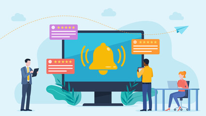 Flat design illustration. Monitor screen with notification bell icon. Business cards and customer reviews are displayed next to the screen. Five-star reviews with comments. 