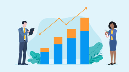 Business people stand by a bar graph. The man is holding a tablet and the woman is taking notes. The graph shows growth. Above the graph is a development and profit arrow. Flat design illustration. 