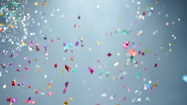 Colorful confetti falls against a blue background, creating a festive atmosphere with shimmering particles. Perfect for celebrations, parties, and events