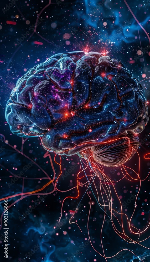 Poster artistic representation of human brain with glowing neural pathways and connections