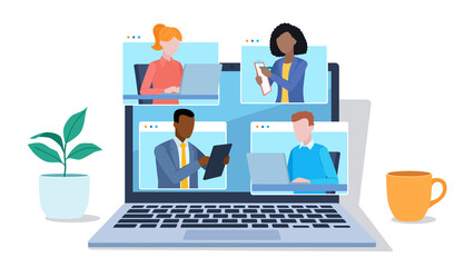 Flat design illustration. Video conference meeting. laptop screen with office team people on application windows having conversation. People work on laptops, tablets, taking notes.