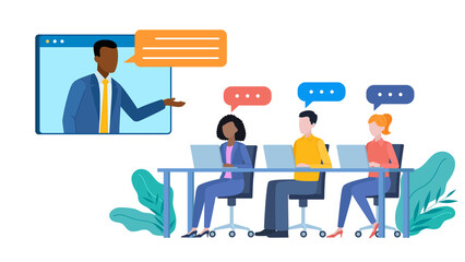 Flat design illustration. Video conference in the office. Employees sit at a table, laptops in front of them. A supervisor appears on the screen next to the desk. 