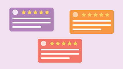 Business cards and customer reviews. Five-star reviews with comments. Different colors of business cards. Flat design vector.