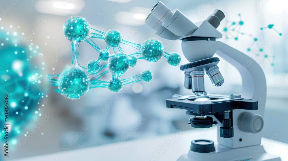 Poster close-up of a microscope in a laboratory with vibrant molecular structures, representing scientific 