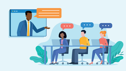 Video conference in the office. Employees sit at a table, laptops in front of them. A supervisor appears on the screen next to the desk. There are conversation bubbles next to the characters.