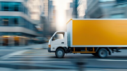 A delivery truck driving through a busy city street