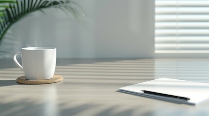 Obraz premium A detailed shot of a home office desk with a computer, a cup of coffee, and a notepad with a pen, with copy space, high-resolution photo, realistic photo