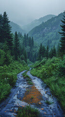 Obraz premium coniferous forest on a hill near the path through the meadow in mountainous rural landscape at night