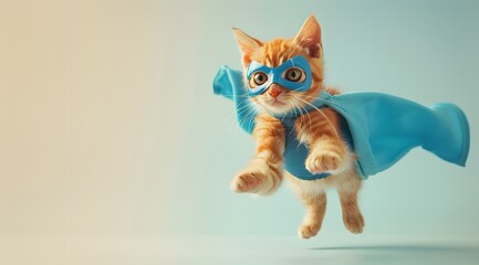 Fototapeta premium superhero cat with blue cloak and mask, flying in the air isolated on light pink background with copy space