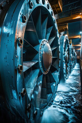 Fototapeta premium Closeup of turbines inside a hydropower plant, showing the mechanics of energy generation
