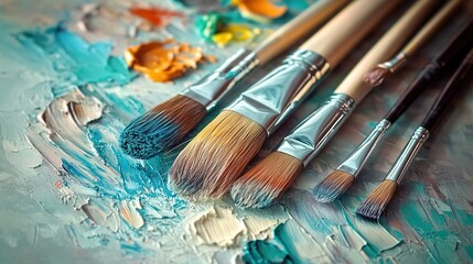 Fototapeta premium A close-up of paintbrushes and palette, with the background blurred to emphasize their texture and use in art creation. 