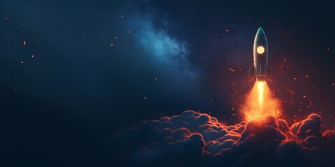 Rocket launch at night background. A stunning capture of a rocket taking off against a starry night sky, conveying concepts of space exploration and innovation. Ideal for educational materials.