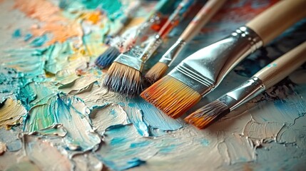 Obraz premium A close-up of paintbrushes and palette, with the background blurred to emphasize their texture and use in art creation. 