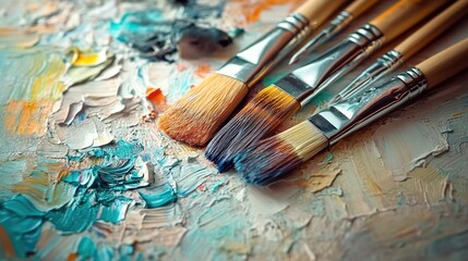 Fototapeta premium A close-up of paintbrushes and palette, with the background blurred to emphasize their texture and use in art creation. 