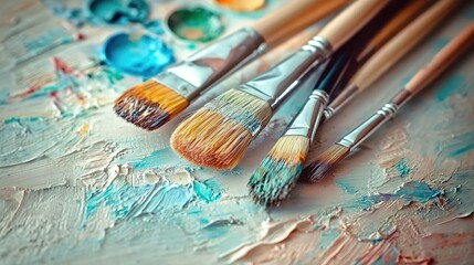 Fototapeta premium A close-up of paintbrushes and palette, with the background blurred to emphasize their texture and use in art creation. 