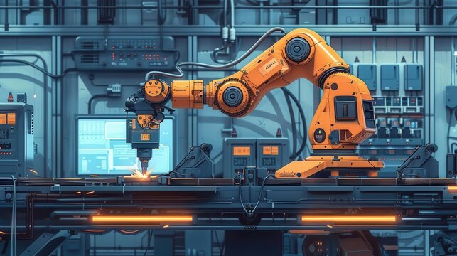 Innovative robotic welding process in a factory, technological advancement, industrial automation