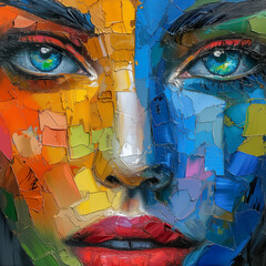 A colorful painting of a woman's face with blue eyes and red lips