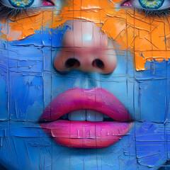 A woman's face is painted with blue and orange colors
