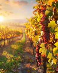 lush autumn vineyard with ripening grape clusters, rows of vines with changing leaves, golden sunlight casting long shadows, high resolution, harvest