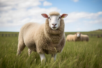 Obraz premium Captivating Portrait of a Grazing Ewe Basking in the Serene Grandeur of the Countryside