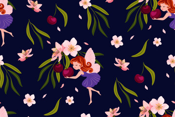 Cherry blossom branch and little fairy, seamless pattern design, vector illustration, watercolor details. 