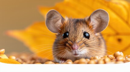 Fototapeta premium A detailed picture of a mouse amidst a heap of corn, featuring a prominent yellow leaf in the backdrop