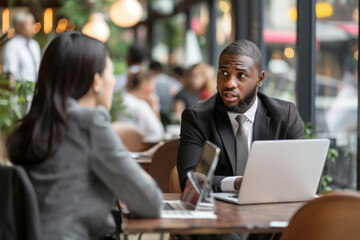 Business meeting in a coffee shop. Two professionals, one male and one female, engaged in a serious business discussion with laptops. Ideal for business, collaboration, teamwork, and consulting topics