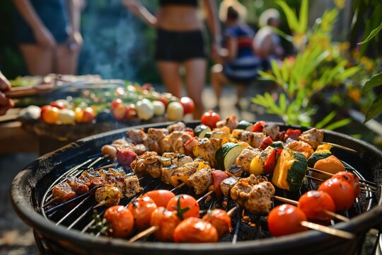Backyard summer barbecue. Grilling skewers of vegetables and meat. Ideal for food blogs, summer event promotions, and grilling recipe features. Perfect for lifestyle and culinary topics.