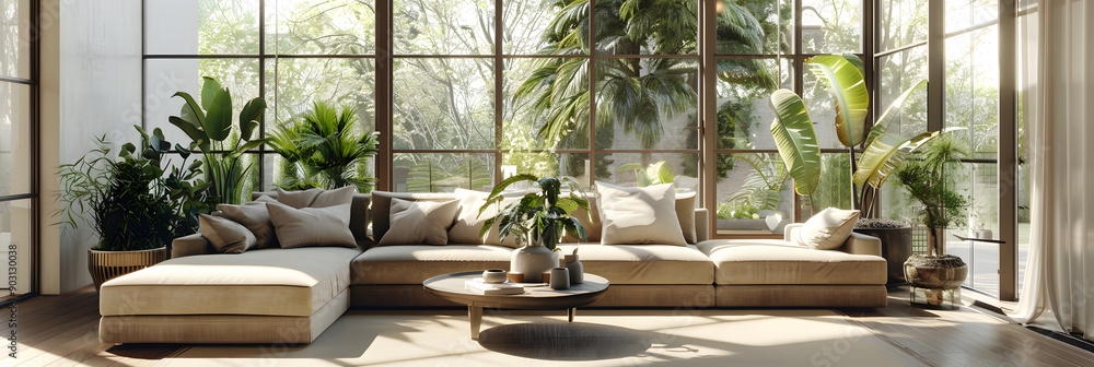 Poster 3d rendering of a large living room with a sofa and coffee table. a big window on the right side wit
