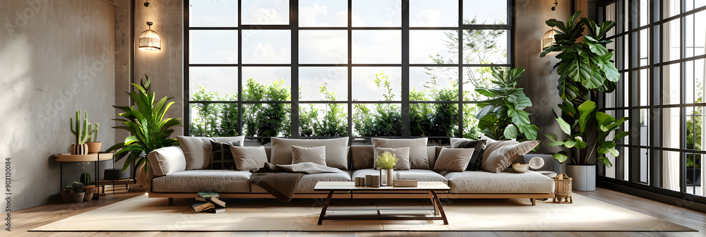 Poster 3d rendering of a large living room with a sofa and coffee table. a big window on the right side wit