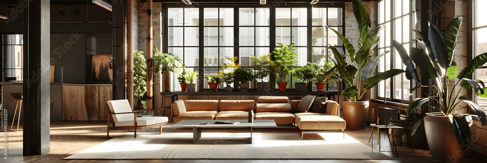Poster 3d rendering of a large living room with a sofa and coffee table. a big window on the right side wit