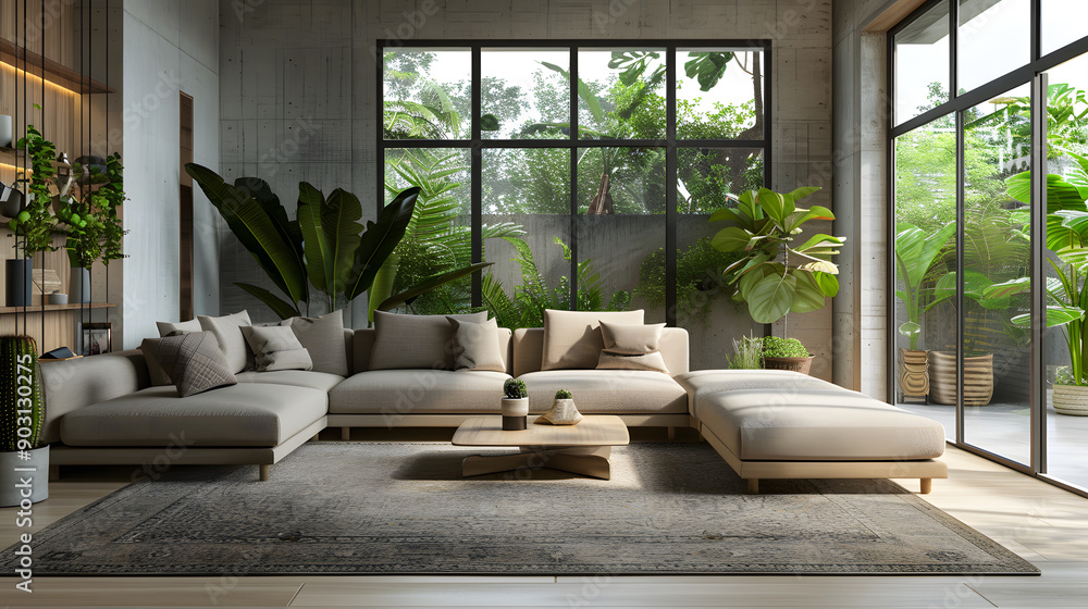 Poster 3d rendering of a large living room with a sofa and coffee table. a big window on the right side wit