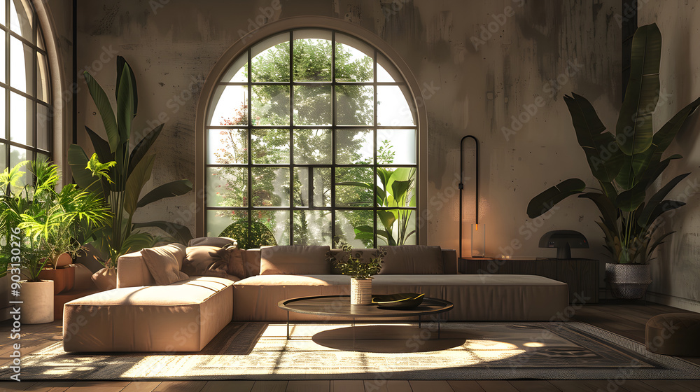 Poster 3d rendering of a large living room with a sofa and coffee table. a big window on the right side wit