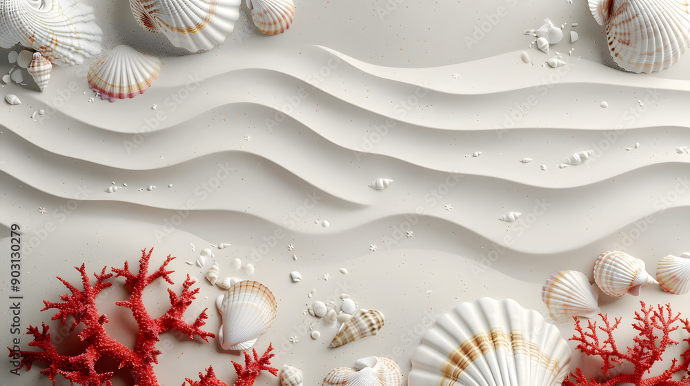 Poster 3d rendering of a summer beach background with red and white corals. seashells. sand patterns. space