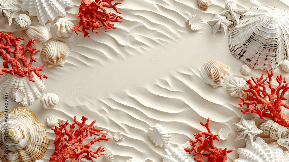 Poster 3d rendering of a summer beach background with red and white corals. seashells. sand patterns. space