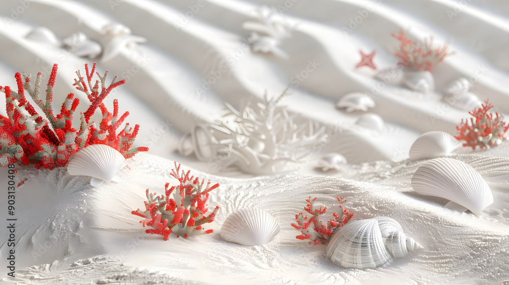Fototapete 3d rendering of a summer beach background with red and white corals. seashells. sand patterns