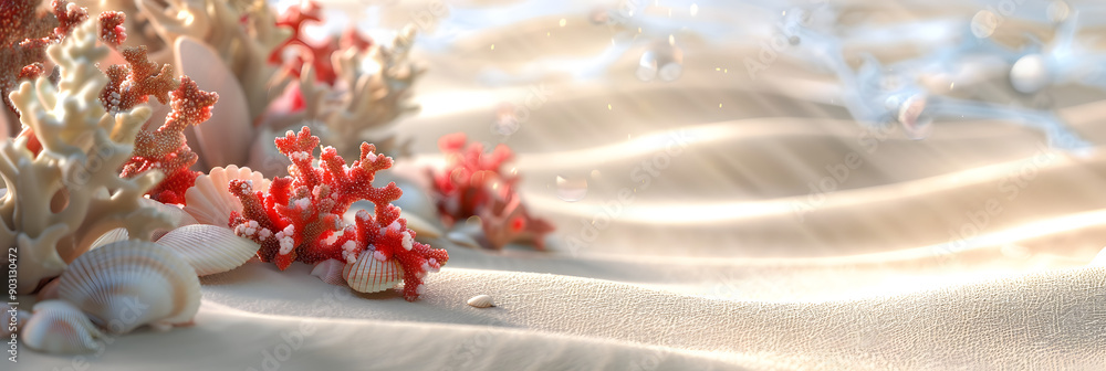 Aufkleber 3d rendering of a summer beach background with red and white corals. seashells. sand patterns. space