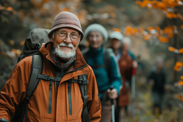 Elderly man hiking with group in autumn forest. Represents active senior lifestyle and adventure. Perfect for articles and promotions related to health, fitness, and outdoor activities.