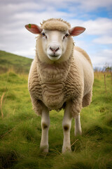 Obraz premium Captivating Portrait of a Grazing Ewe Basking in the Serene Grandeur of the Countryside