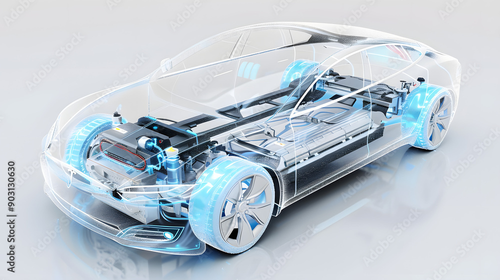 Poster 3d rendering of transparent car with battery pack. cross section showing various parts and structure