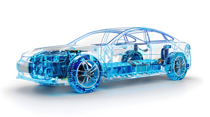3D rendering of transparent car with battery pack. Cross section showing various parts and structure inside the vehicle. Electric vehicles concept design