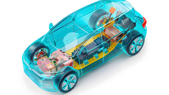 3D rendering of transparent car with battery pack. Cross section showing various parts and structure inside the vehicle. Electric vehicles concept design