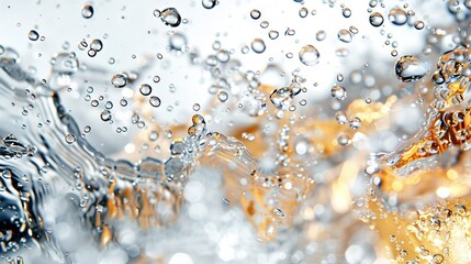 Fototapeta premium Close-up image of water droplets on a yellow and white surface with a blue sky in the background